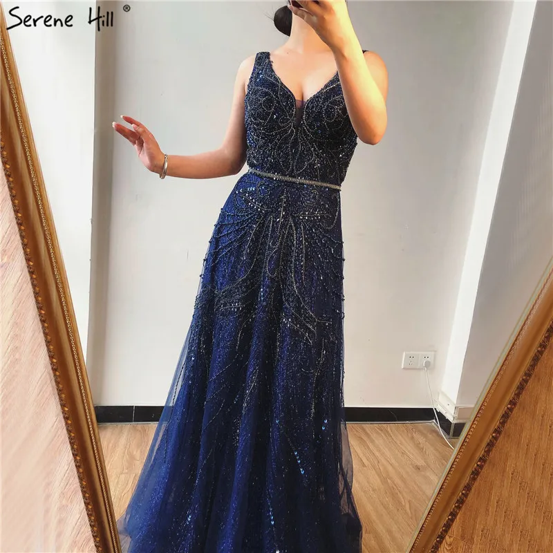 2020 Dubai Gold A-Line Luxury Prom Dresses V-Neck Pearls Crystal Sleeveless Prom Party Dress Serene Hill BLA70287