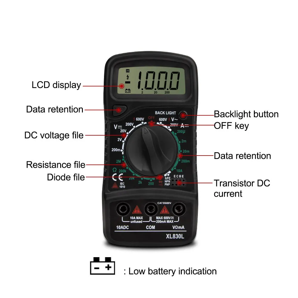 XL830L Digital Multimeter ESR Meter Testers Automotive Electrical DMM Transistor Peak Tester Meter Capacitance Meter 2 Test Line
XL830L Digital Multimeter ESR Meter Testers Automotive Electrical DMM Transistor Peak Tester Meter Capacitance Meter 2 Test Line