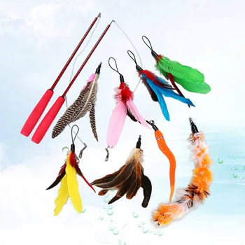 10Pcs Cat Teaser Wand Retractable 8 Refills Feathers Interactive Safe Teaser Wand for Cats Small Pets Kitty Kitten