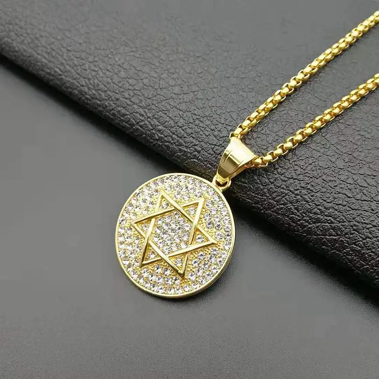 gold color star hexagram magen david iced out pendant necklace