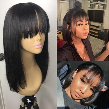 

Short Bob Lace Front Human Hair Wig Brazilian Remy Hair with Bangs Pre Plucked Natural Hairline Full Lace Fringe wig 360 Frontal