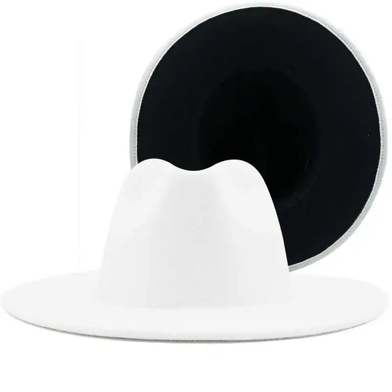 

Outer white Simple Inner black Wool Felt Jazz Fedora Hats with Thin Belt Buckle Men Women Wide Brim Panama Trilby Cap 56-58-60CM