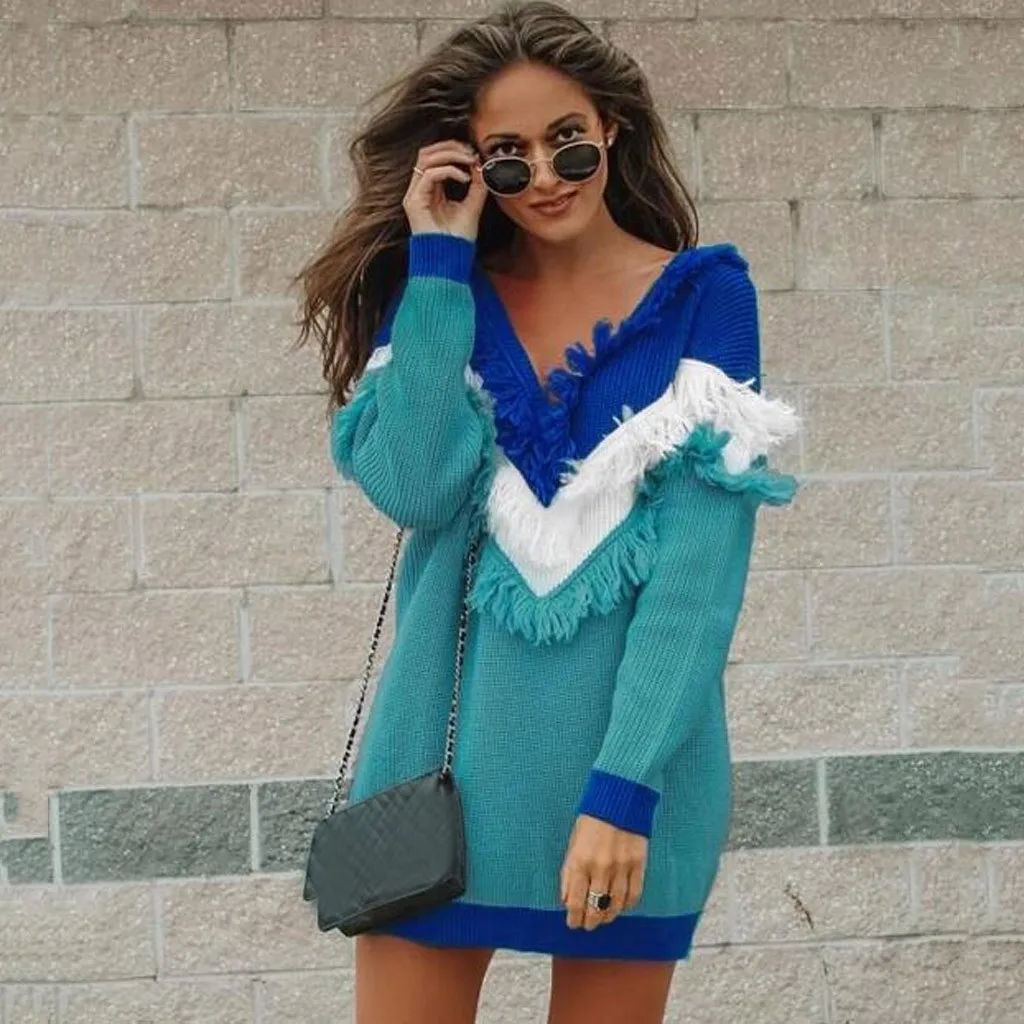 Sweater Dress Cable Knit Patchwork Fashion Women Deep V-Neck Tassels Color Block Loose Long Shirt Swearter Dresses | Женская одежда