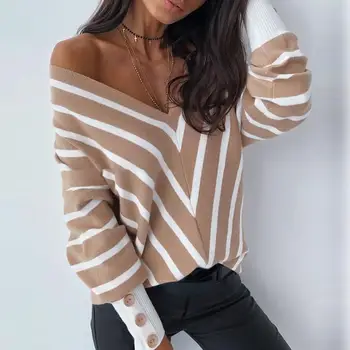 Autumn Long Sleeve Jumper Fashion Striped Knitted Pullover Women Sexy V Neck Sweater Pullovers Femme Knitwear Pull Tops 
Autumn Long Sleeve Jumper Fashion Striped Knitted Pullover Women Sexy V Neck Sweater Pullovers Femme Knitwear Pull Tops