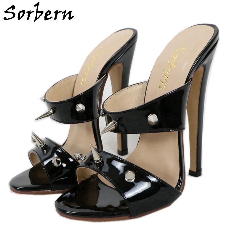 

Sorbern Black Punk Style Women Slippers Open Toe Slip On Sandal Summer Shoes High Heel Rivets Unisex Slides Outdoor Custom