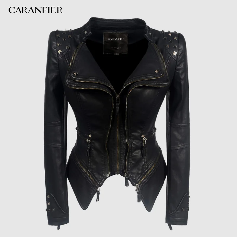 Женская мотоциклетная куртка из искусственной кожи CARANFIER черная на осень и зиму