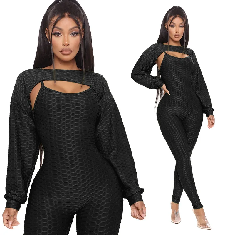 Fitness Women 2 Piece Set Long Lantern Sleeve CropTops & Spaghetti Strap Jumpsuits Tracksuit Casual Plain Color Sporty Outfits
Fitness Women 2 Piece Set Long Lantern Sleeve CropTops & Spaghetti Strap Jumpsuits Tracksuit Casual Plain Color Sporty Outfits