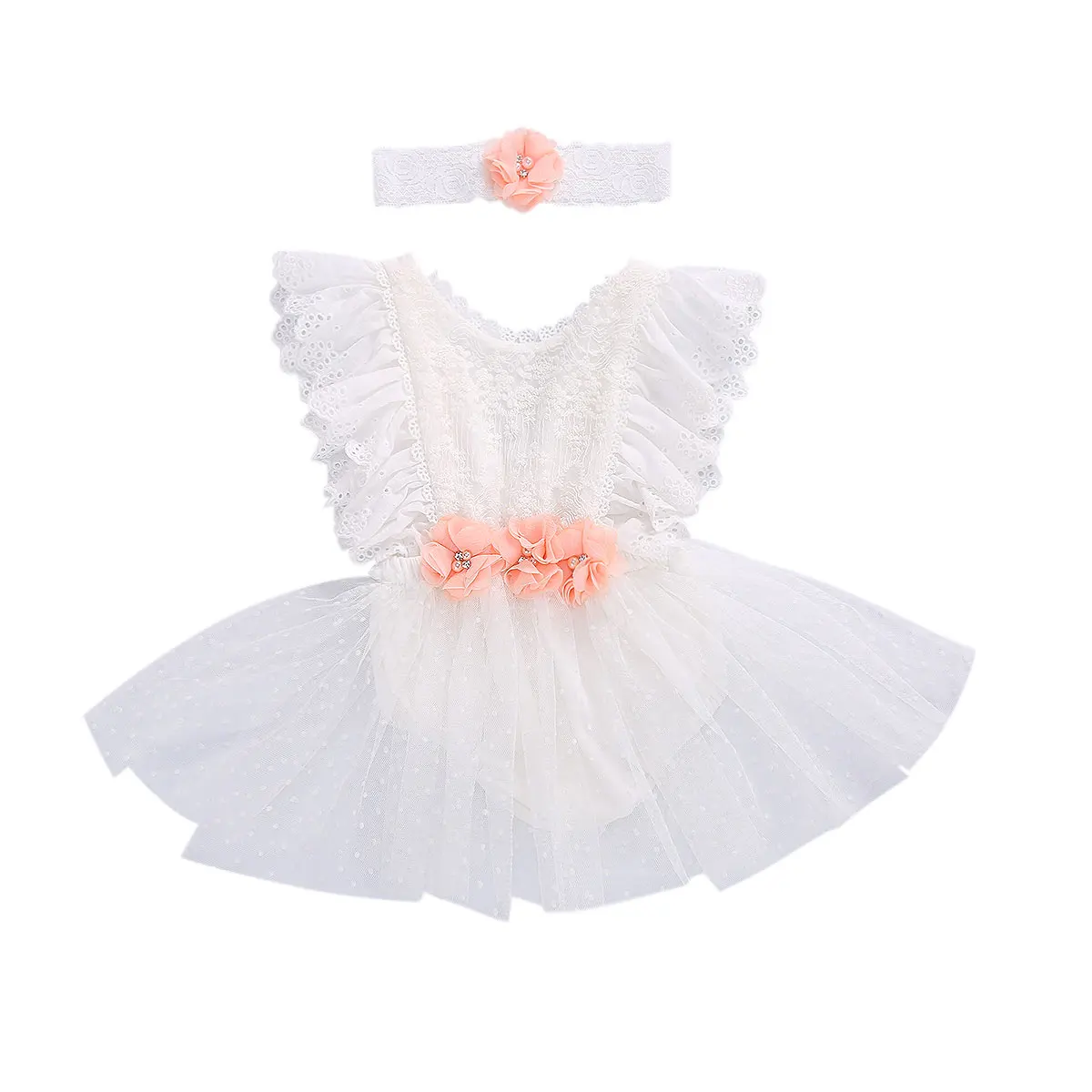 

2020 Princess Infant Girls Lace Romper Dress 2pcs 0-24M Baby Summer Lace Fly Sleeve Pearls 3D Flowers Jumpsuit Birthday Party