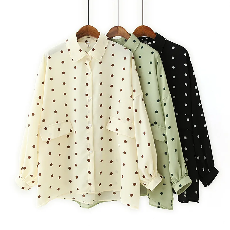 

Large Size 9XL Bust 148CM Fashion Women's 6XL 7XL 8XL Button Lapel Long Sleeve Loose Chiffon Polka Dot Shirt