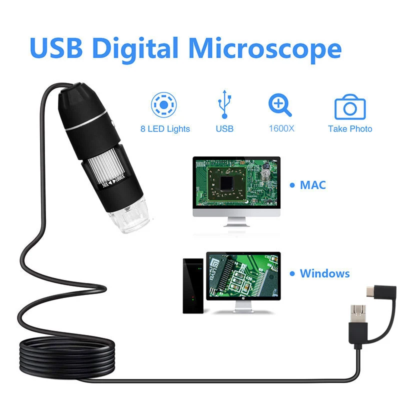 2MP 1080p 3 in 1 USB Type-C Micro-USB 1600X Microscope Magnifier Camera Video Endoscope for android Phone OSX Windows PC
2MP 1080p 3 in 1 USB Type-C Micro-USB 1600X Microscope Magnifier Camera Video Endoscope for android Phone OSX Windows PC