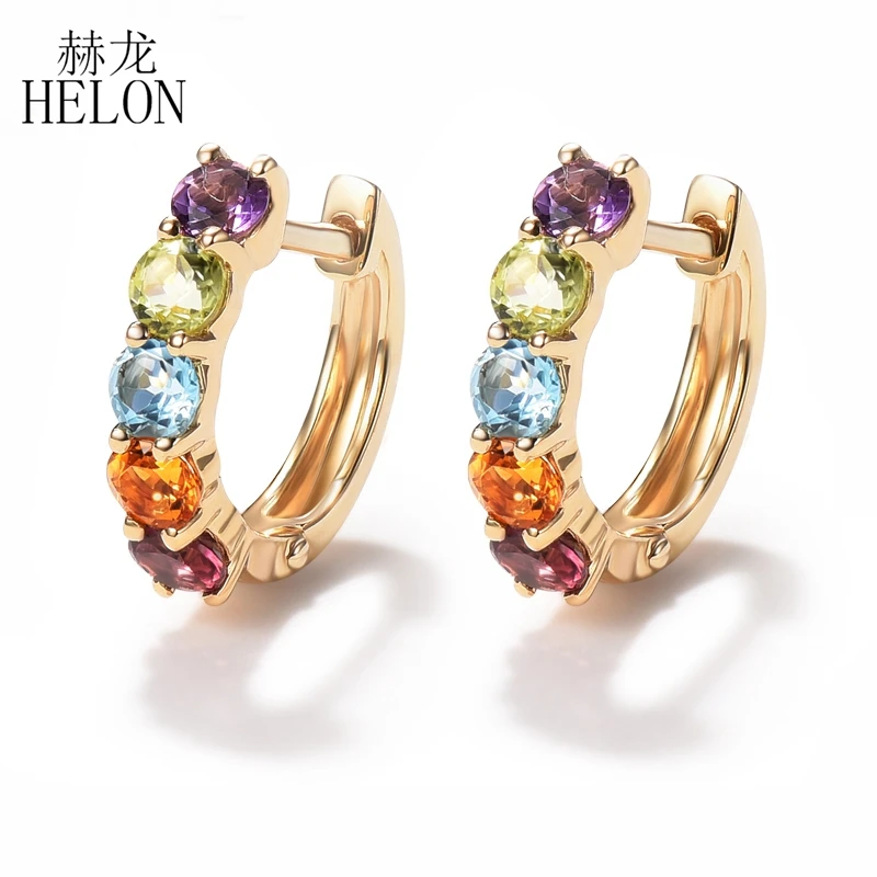 

HELON Solid 18K Yellow Gold Genuine Amethyst Citrine sky Topaz blue Peridot tourmaline Engagement Women Fine Jewelry Earrings
