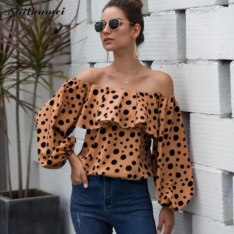Off Shoulder Ruffles Blouses Shirts Women Lantern Sleeve Polka Dot Blouse Tops 2019 Autumn Streetwear Casual Sexy Blousa Mujer 
Off Shoulder Ruffles Blouses Shirts Women Lantern Sleeve Polka Dot Blouse Tops 2019 Autumn Streetwear Casual Sexy Blousa Mujer