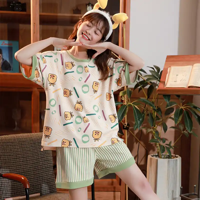 女性パジャマ 夏かわいい漫画リトル黄色ショートパジャマ女の子快適な家の服 Gooum
