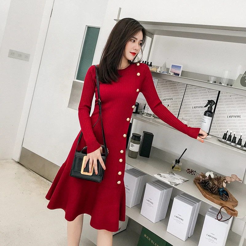 

2019 Autumn Winter Women Dress Long Sleeve Trumpet Knitted Sweater Dress Warm Causal Ladies Party Dress Vestidos robe femme