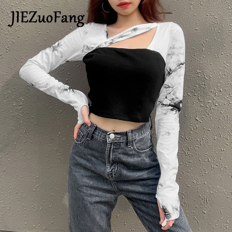 

JIEZuoFang Fashion Women Gothic Style Stitching Sexy T-Shirt Long Sleeve Knitting Black Chic Punk Exposed Navel 2020 T-Shirts