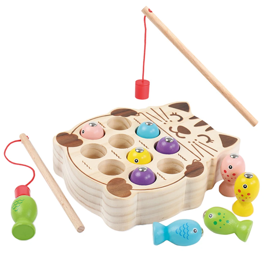 Magnetic Wooden Puzzle Fishing Game Playset with 10 Fishes, 2 Poles, and 1 Fishing Cat Board Magnetic Wooden Puzzle Fishing Game Playset with 10 Fishes, 2 Poles, and 1 Fishing Cat Board