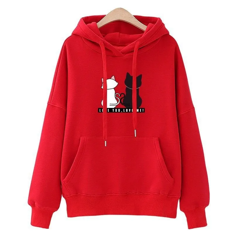love you love me red color white cat and black hoodie for girl