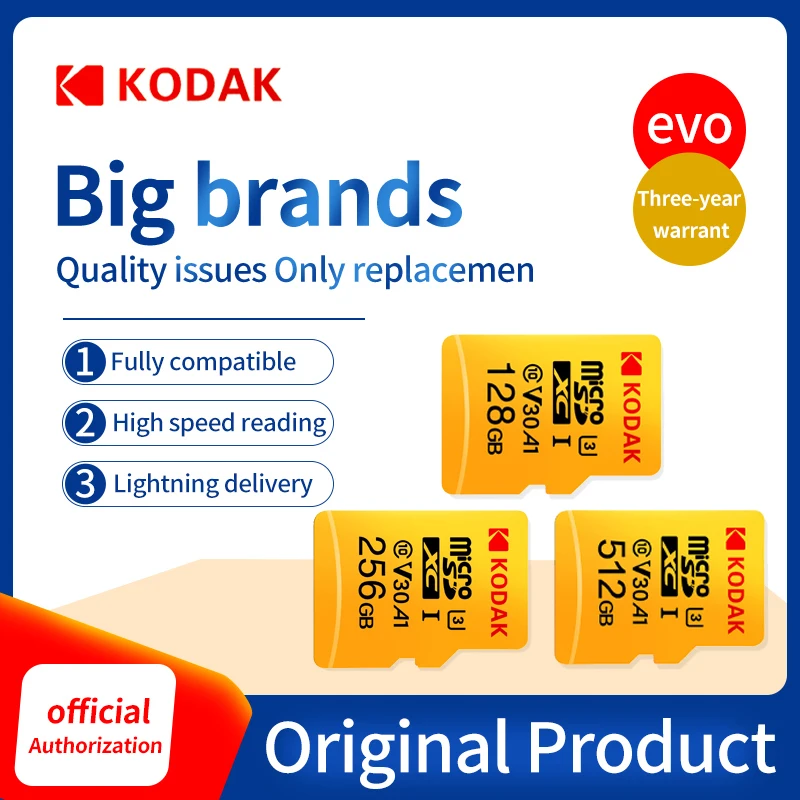 Original Kodak U3 A1 V30 Class 10 MicroSDXC/SDHC Memory TF Flash Card 256GB 128GB 64GB 32GB for Video and Mobile Storage
Original Kodak U3 A1 V30 Class 10 MicroSDXC/SDHC Memory TF Flash Card 256GB 128GB 64GB 32GB for Video and Mobile Storage