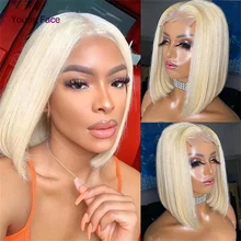 

Brazilian Human Best Platinum 613 Blonde Bob Glueless Lace Closure Wig 150% Density Short Blunt Cut Real Hair Straight Bob Wig