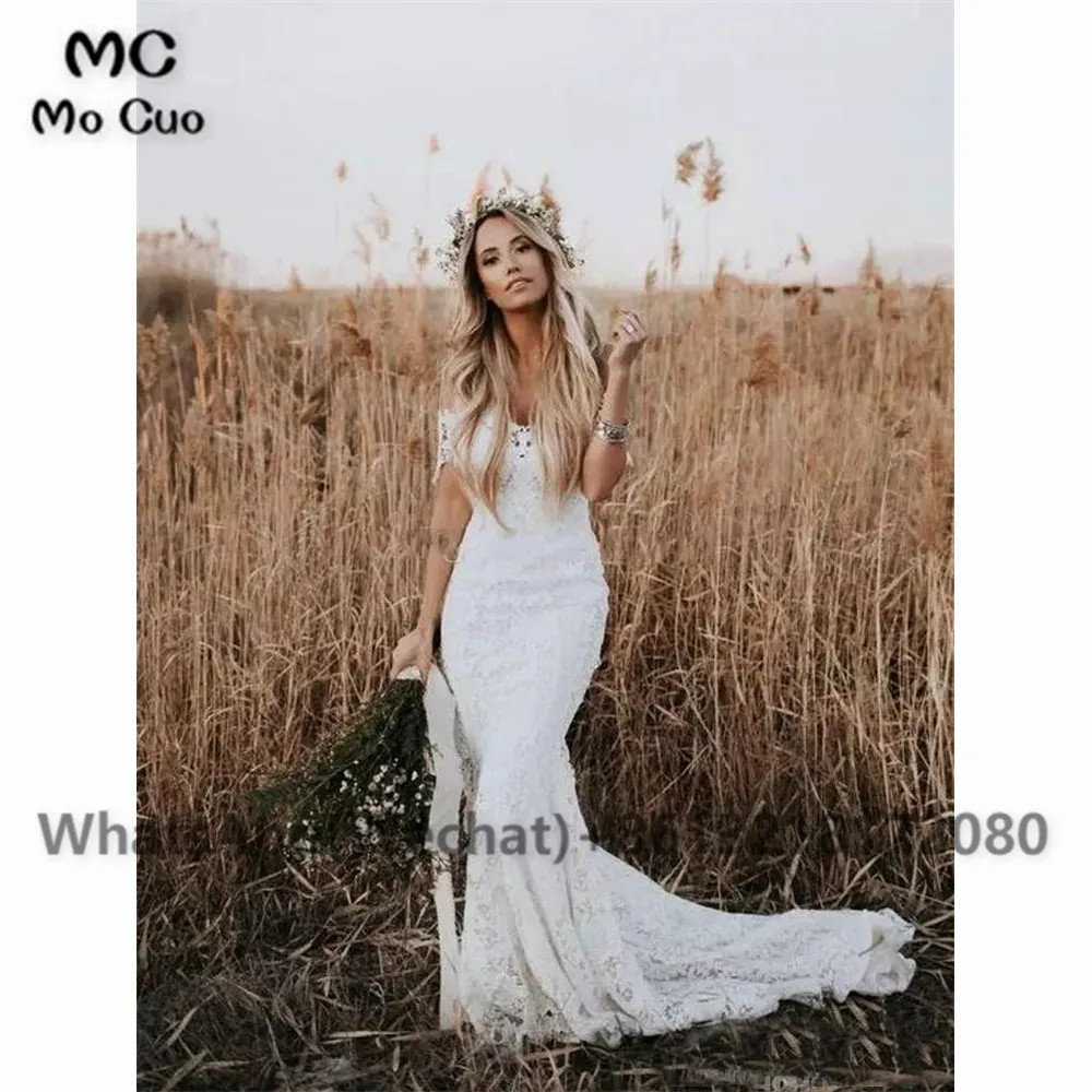 Elegant White Lace Wedding Dresses New Country Style Off The Shoulder Short Sleeves Beach Bridal Dresses Vestidos De Soiree Custom Made (4)