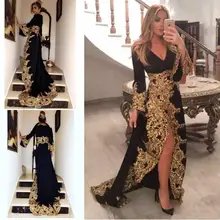 2020 Sexy col en V noir formel robe de soirée Applique or dentelle fendu côté pleine manches arabe dubaï femmes longues robes de soirée de bal(China)