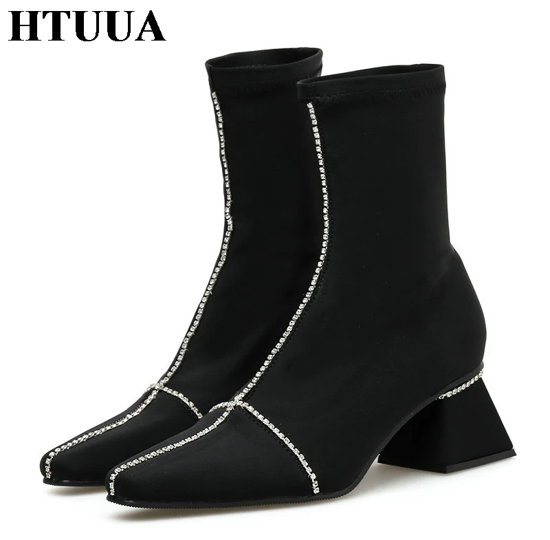 HTUUA Brand Designer Women Boots Stretch Satin Crystal Sexy Pointed Toe Slip on Square High Heel Ankle Boots Women's Shoes S3260
HTUUA Brand Designer Women Boots Stretch Satin Crystal Sexy Pointed Toe Slip on Square High Heel Ankle Boots Women's Shoes S3260