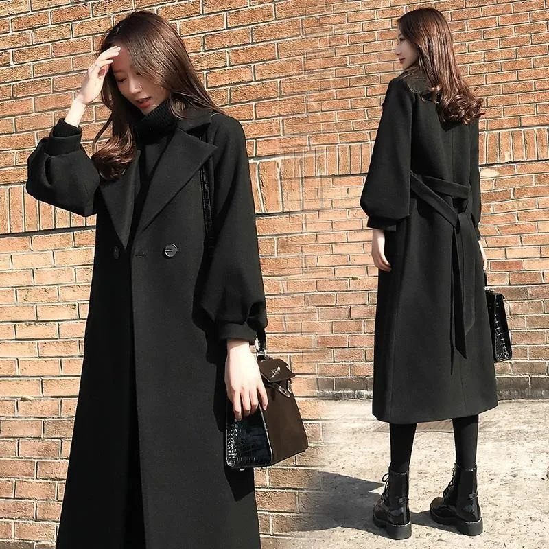 Фото Autumn and winter new style black slim loose Nizi coat long over the knee European American woolen women trend | Женская одежда