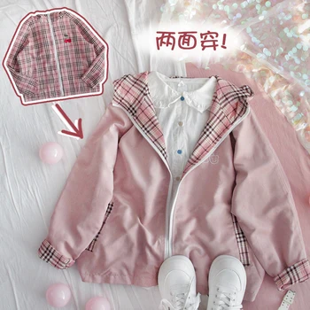 

Spring Autumn Women Short Coat Teen Girls Both sides Wearing Loose Students Cute Splice Plaid Harajuku Small Fresh Casual Jacket