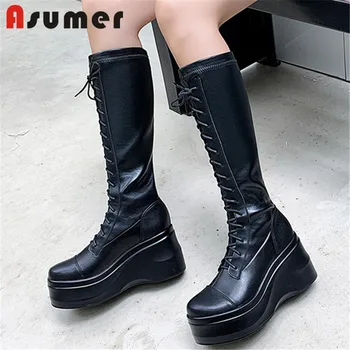 Asumer 2020 new fashion wedges platform shoes women knee high boots round toe lace up autumn winter stretch slim boots ladies
Asumer 2020 new fashion wedges platform shoes women knee high boots round toe lace up autumn winter stretch slim boots ladies