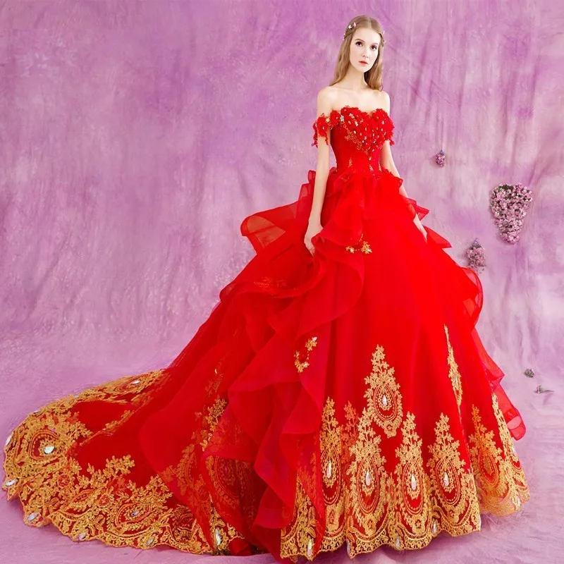 Gothic Red Ball Gown Princess Wedding Dresses with Gold Lace Appliques Crystal Beaded Off The Shoulder vestidos de casamento
Gothic Red Ball Gown Princess Wedding Dresses with Gold Lace Appliques Crystal Beaded Off The Shoulder vestidos de casamento