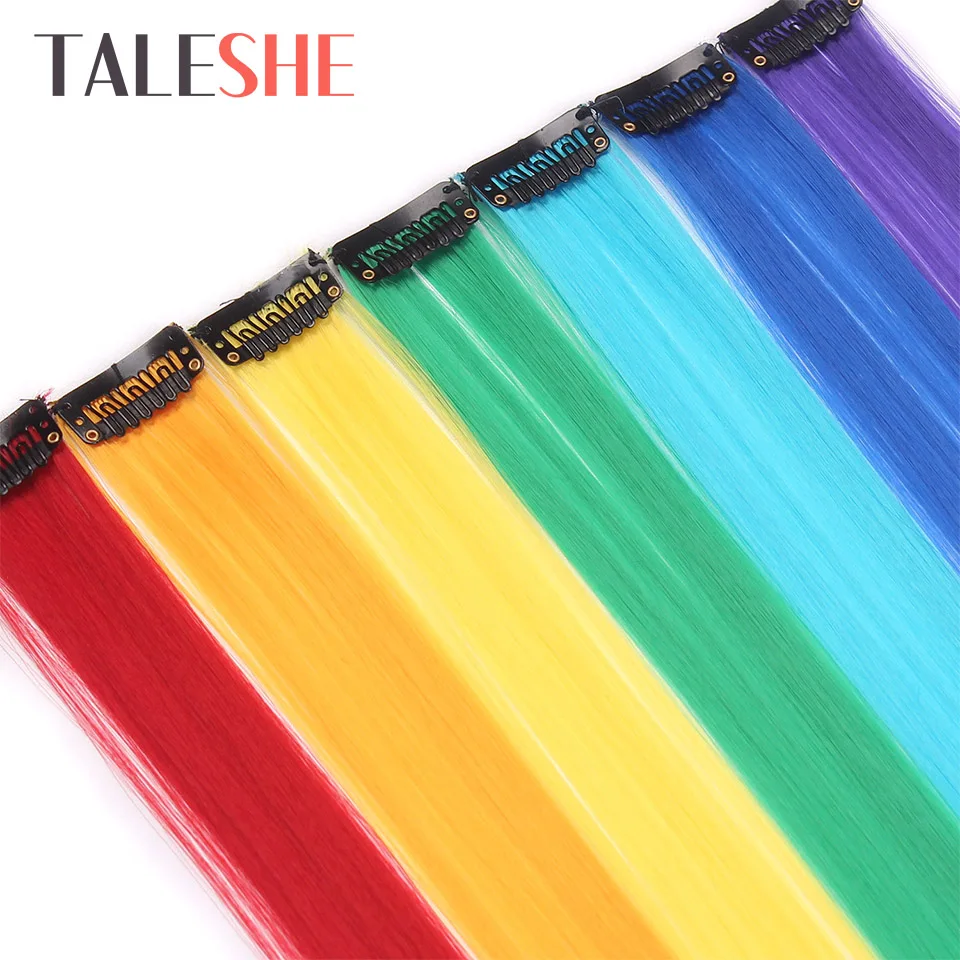 TALESHE Long Straight Clip in One Piece Hair Extensions 20 Inch 50cm Synthetic Fake Hair for Women Girls Rainbow Color Pink