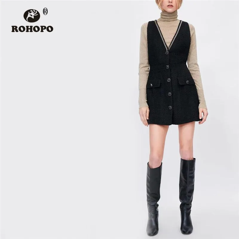 ROHOPO Sleeveless V Collar Metal Chain Neckline Buttons Fly Tartan Black Dress Flared Hem Side Welt pockets Preppy Vestido #284
ROHOPO Sleeveless V Collar Metal Chain Neckline Buttons Fly Tartan Black Dress Flared Hem Side Welt pockets Preppy Vestido #284
