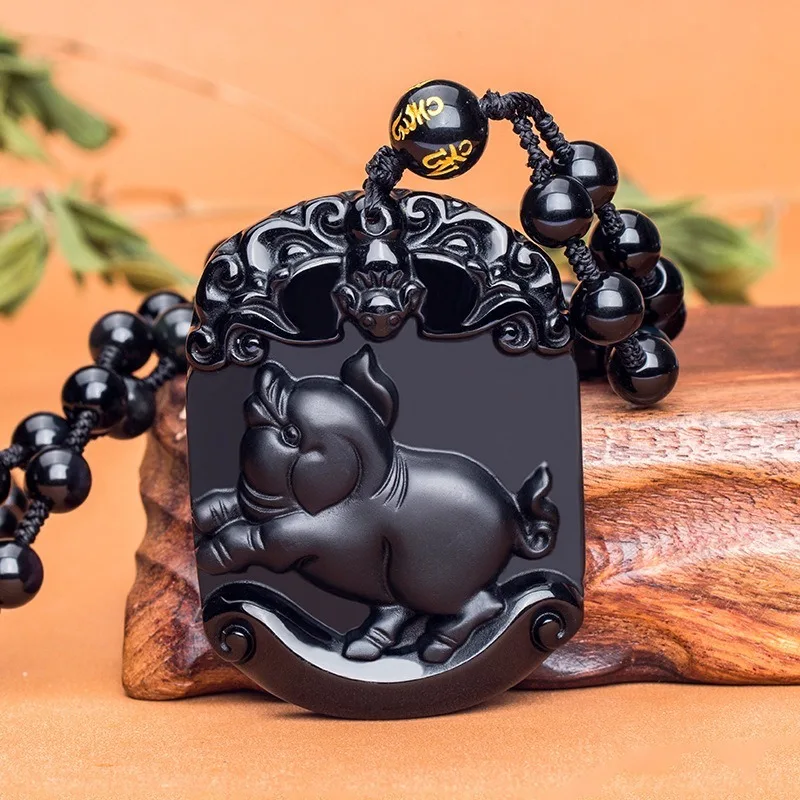 Фото Натуральный черный обсидиан Зодиак Свинья нефрит кулон ожерелье Китайский