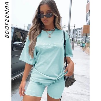 

BOOFEENAA Streetwear Fashion Summer Two Piece Set Women Letter Print Oversized T Shirt and Biker Shorts Tracksuits C66-CB25