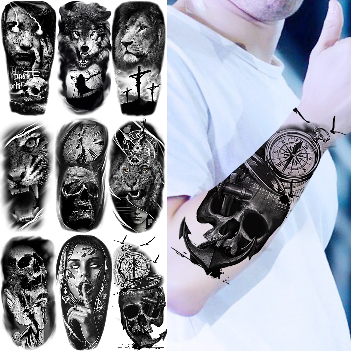 

Black Skeleton Compass Temporary Tattoos Realistic Wolf Lion Scary Tiger Fake Tattoo Sticker For Men Women Arm Tatoos Waterproof