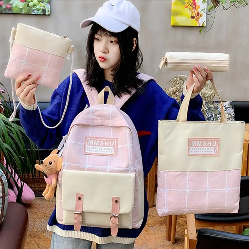 

4pcs/Set Canvas Daypacks Casual School Backpack Shoulder Bags Bookbag Pencil Case Set for Teenagers Girls Student