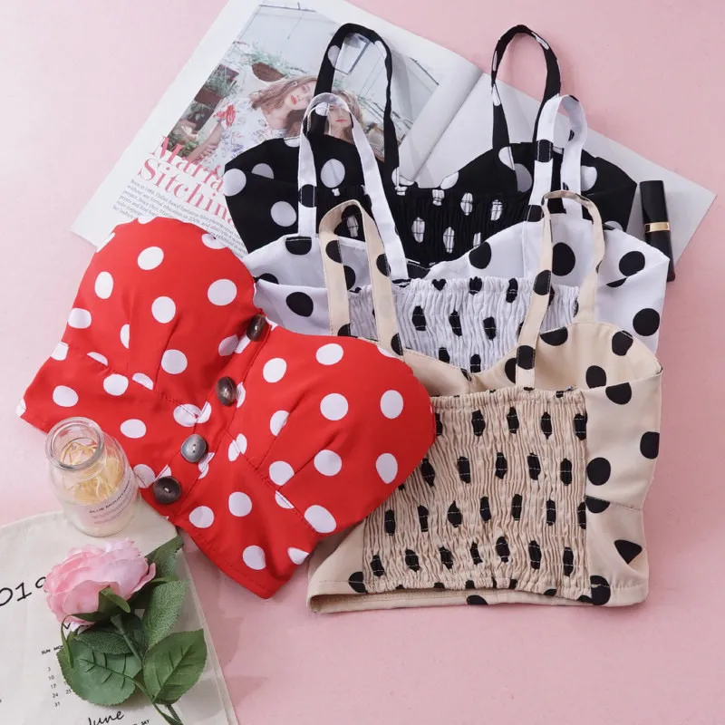 Women Summer Tank tops Vintage Hot summer Polka dot Crop top Fashion sleeveless strappy Button Sling Vest 
Women Summer Tank tops Vintage Hot summer Polka dot Crop top Fashion sleeveless strappy Button Sling Vest