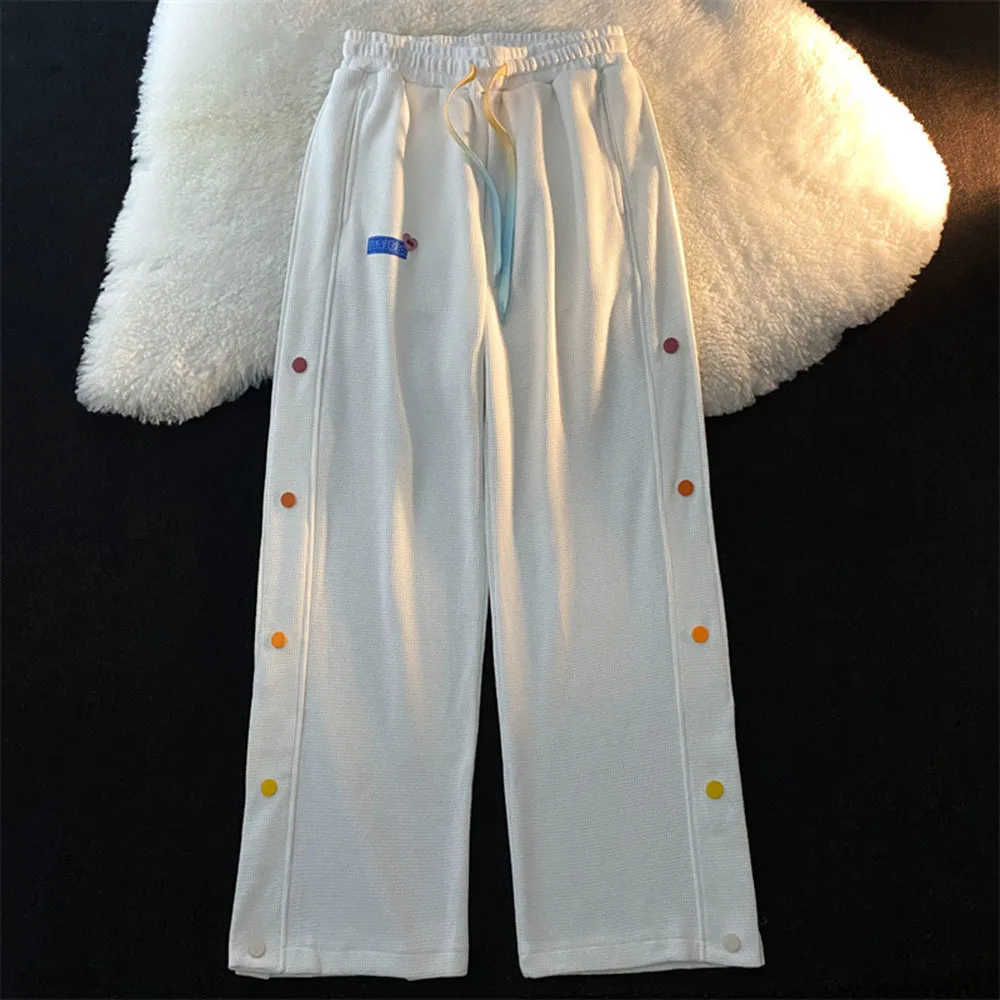 

Chic Button Harem Sweatpants Cute Korean Kawaii Wide Leg High Waist Streetwear Women Fall Waffle Cargo Bloomers Harem Pants