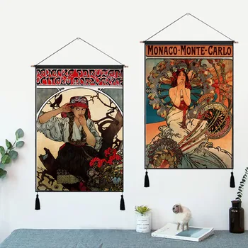 

Monaco Monte Carlo Alphonse Maria Mucha Vintage Hanging Cloth Cotton Line Painting Poster Home Decor Wall Hanging Tapestry Gift