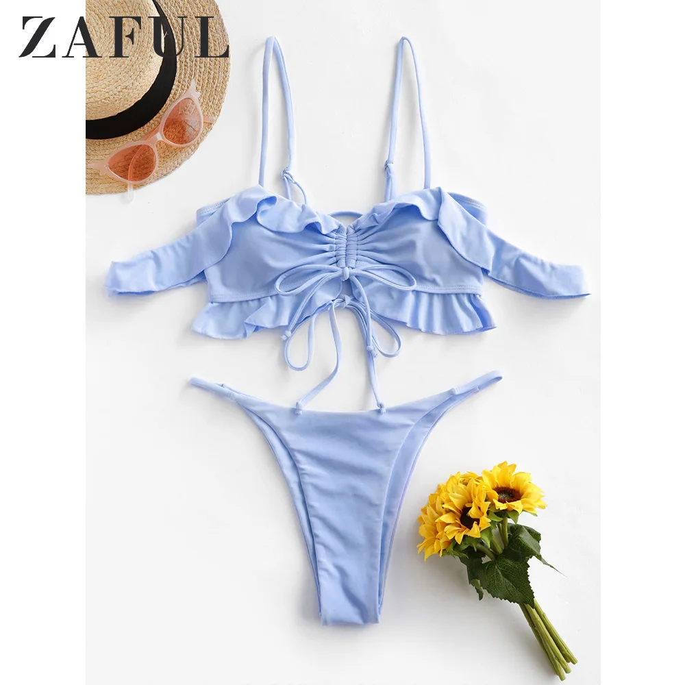 ZAFUL Ruffled Cinched Lace Up String Bikini Swimsuit Pure color shoulder strap bikini Sexy Low Waisted Bikini Women Swimwear
ZAFUL Ruffled Cinched Lace Up String Bikini Swimsuit Pure color shoulder strap bikini Sexy Low Waisted Bikini Women Swimwear