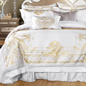 Home White Golden Bedding Set Queen Super King size Bed sheet set Luxury Egypian cotton Embroidery Bedding sheet Duvet Cover set 
Home White Golden Bedding Set Queen Super King size Bed sheet set Luxury Egypian cotton Embroidery Bedding sheet Duvet Cover set