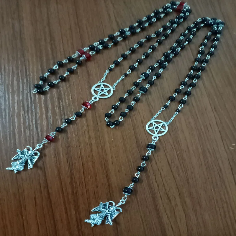 Фото Baphomet Rosary Necklace small red crystal beads black agate Satan baphomet glass mysterious jewelry | Украшения и аксессуары