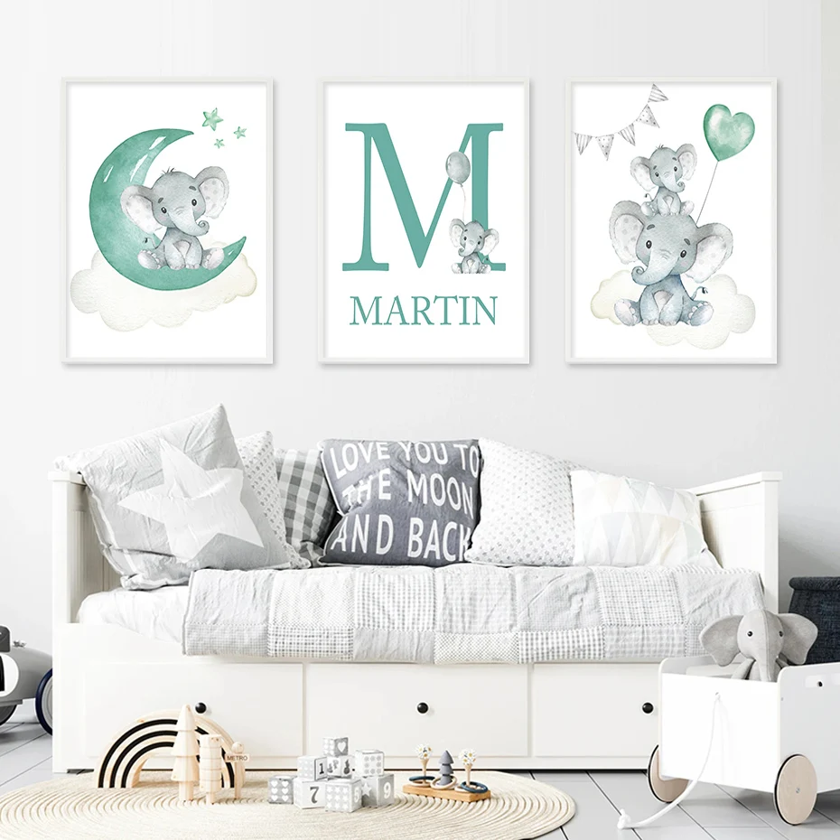 Customized Name Blue Green Moon Gray Elephant Posters Nursery Canvas Painting Wall Art Print Picture Kids Room Home Decoration | Дом и сад