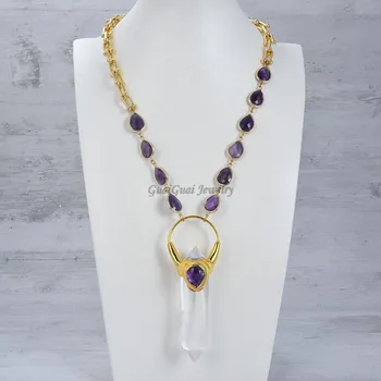 GG Jewelry Natural Purple Amethyst Chain Necklace Double Point Quartz Gold Plated Pendant
GG Jewelry Natural Purple Amethyst Chain Necklace Double Point Quartz Gold Plated Pendant