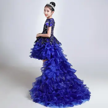 

Luxury Girl Princess Tailing Evening Dress Blue Tassel Sequines Children Wedding Gown Piano Show party Dress for girls L36