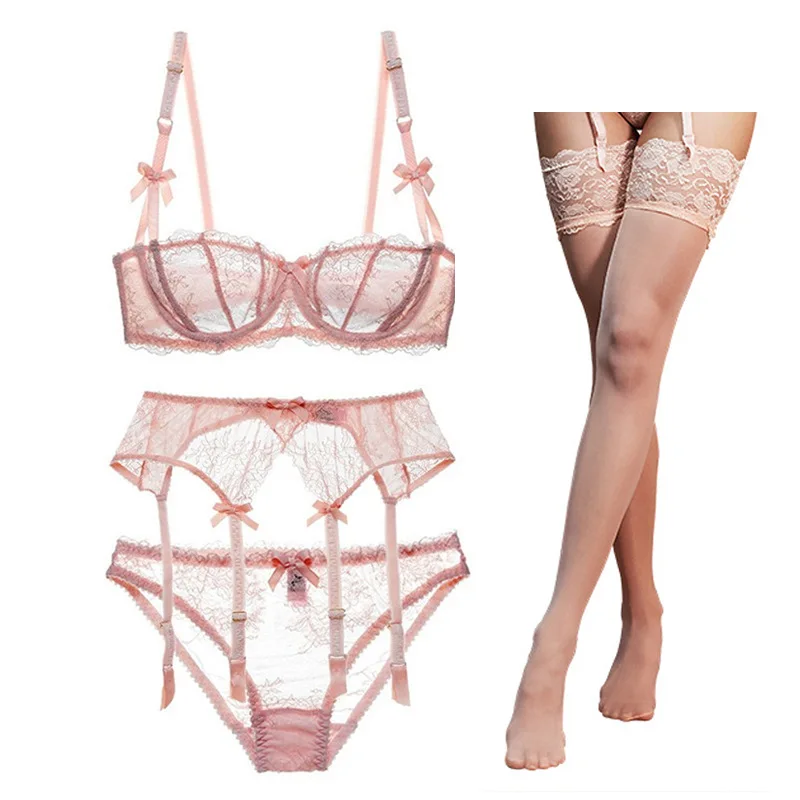 

4pcs See Through Sexy Lace Bra and Panty Set for Women Underwear Ultra Thin Bra Intimates Garter Stocking Suspenders Lingerie