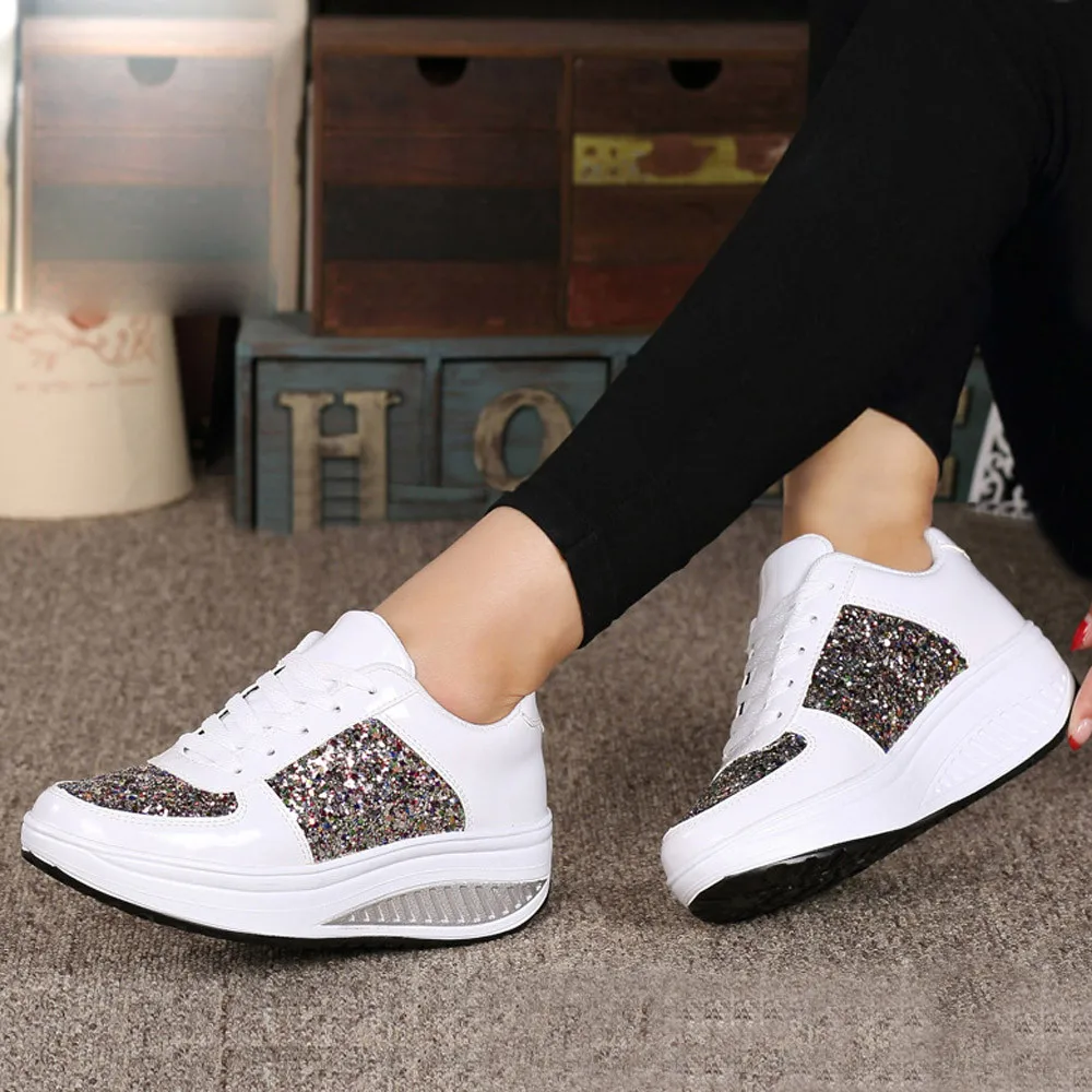 Trainers Sneakers Casual Sequin Wedge Chunky Sole LaceUp Sporty Gym Shoes Womens 