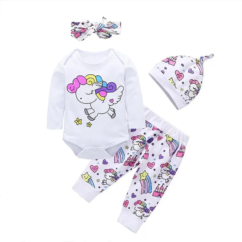 Newborn Infant Baby Girl Clothes Sets Fashion Unicorn Pegasus Star Heart Castle Tops+Pants+Hat+Headband 4PCS Clothing | Мать и ребенок