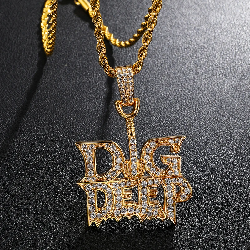 

D&Z Iced Out Bling CZ Stones Letter ''DIG DEEP'' Pendant Micro Paved AAA CZ Hip Hop Gold Silver Color Charm Chains Jewelry Gift