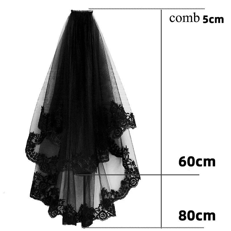 Кружевная короткая свадебная фата с вышивкой черная гребнем 2 уровня Женский